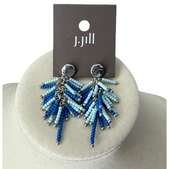 J. Jill Beaded Earrings Blue Layered Fringe Hammered Post Drop Dangle Party NWT - Picture 3 of 6